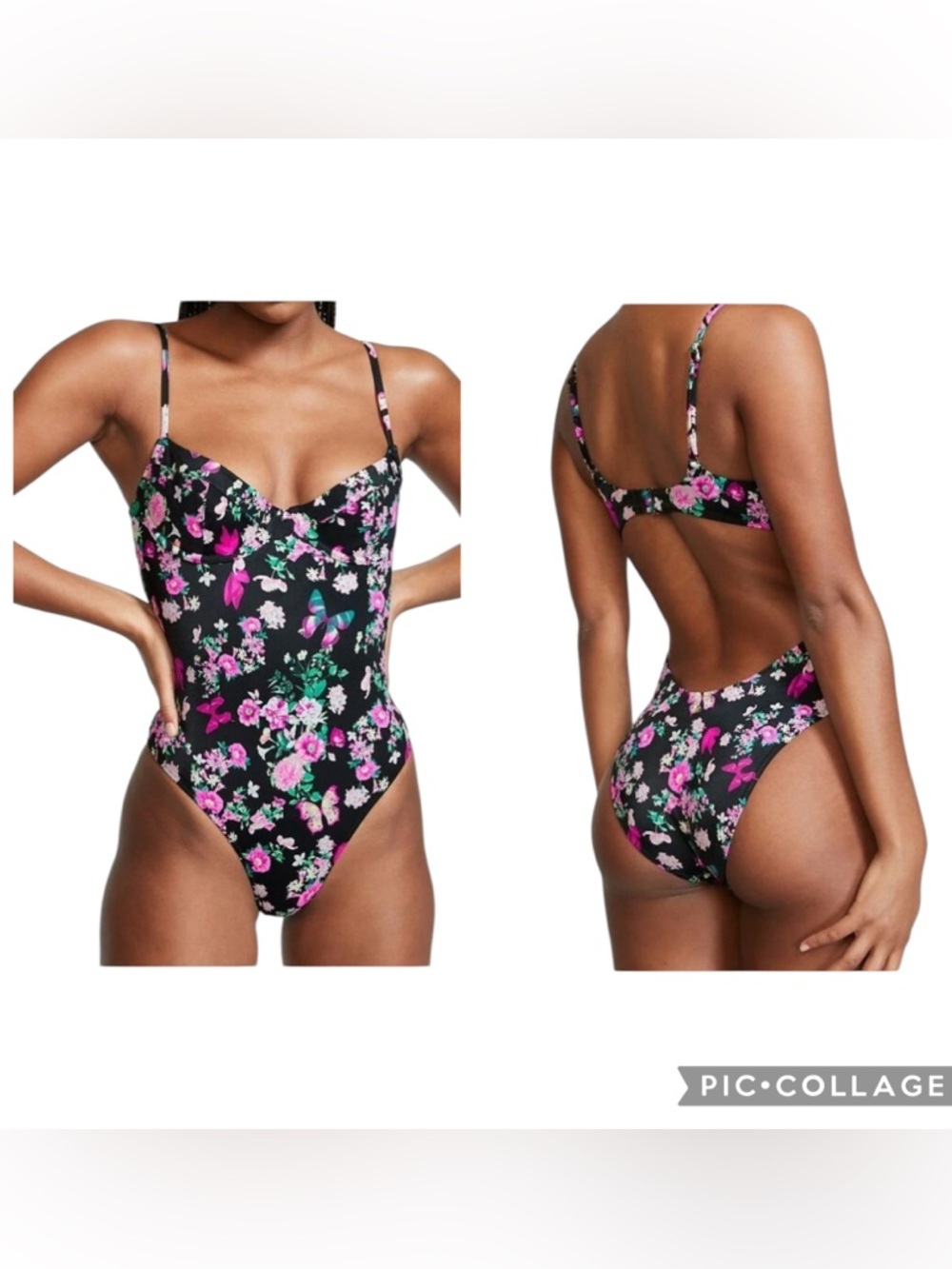Victoria's Secret Black Floral One-Piece Swimsuit with Pink & Green Accents